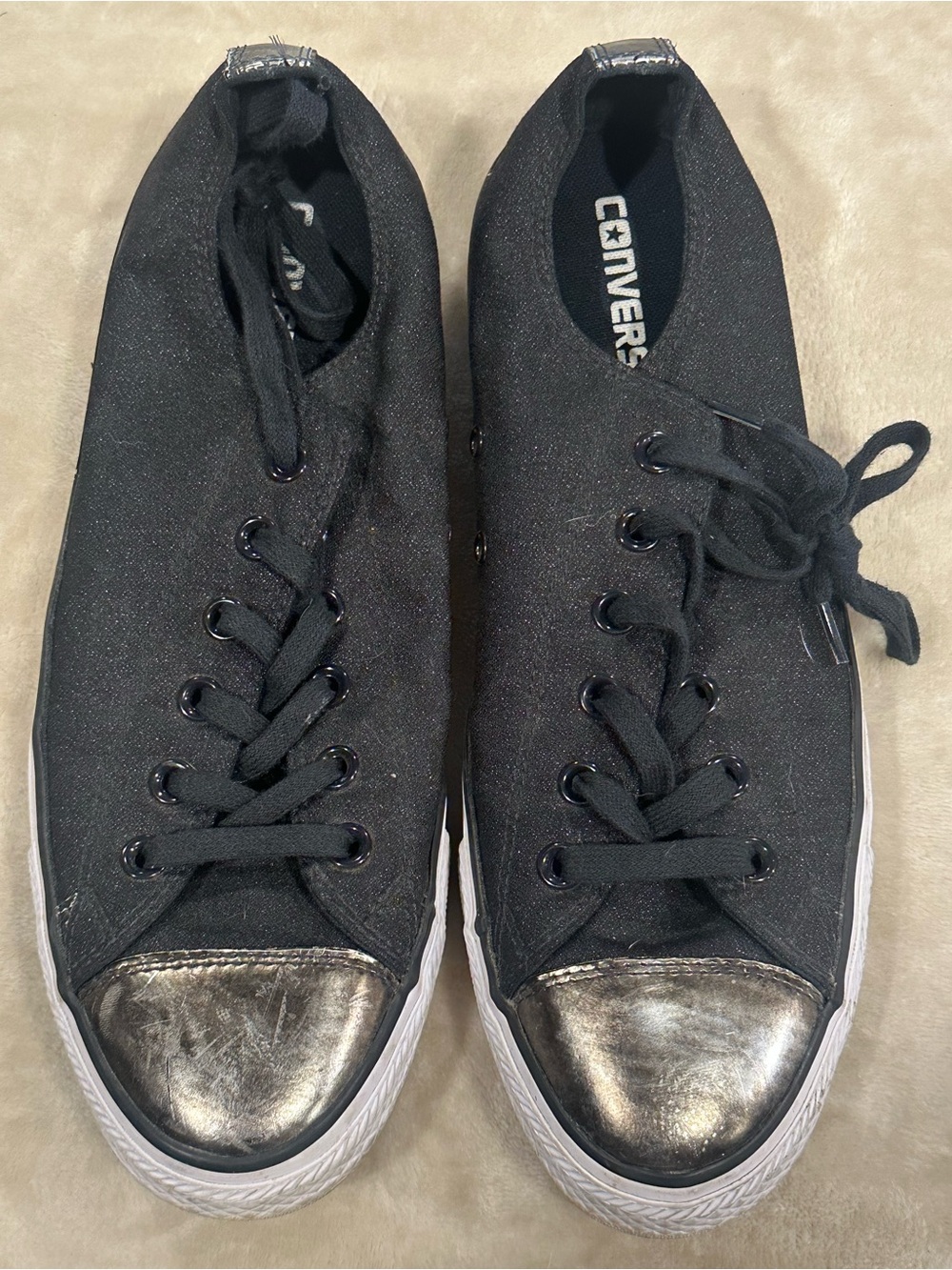 Converse Black Canvas Low-Top Sneakers with Metallic Silver Toe Caps
